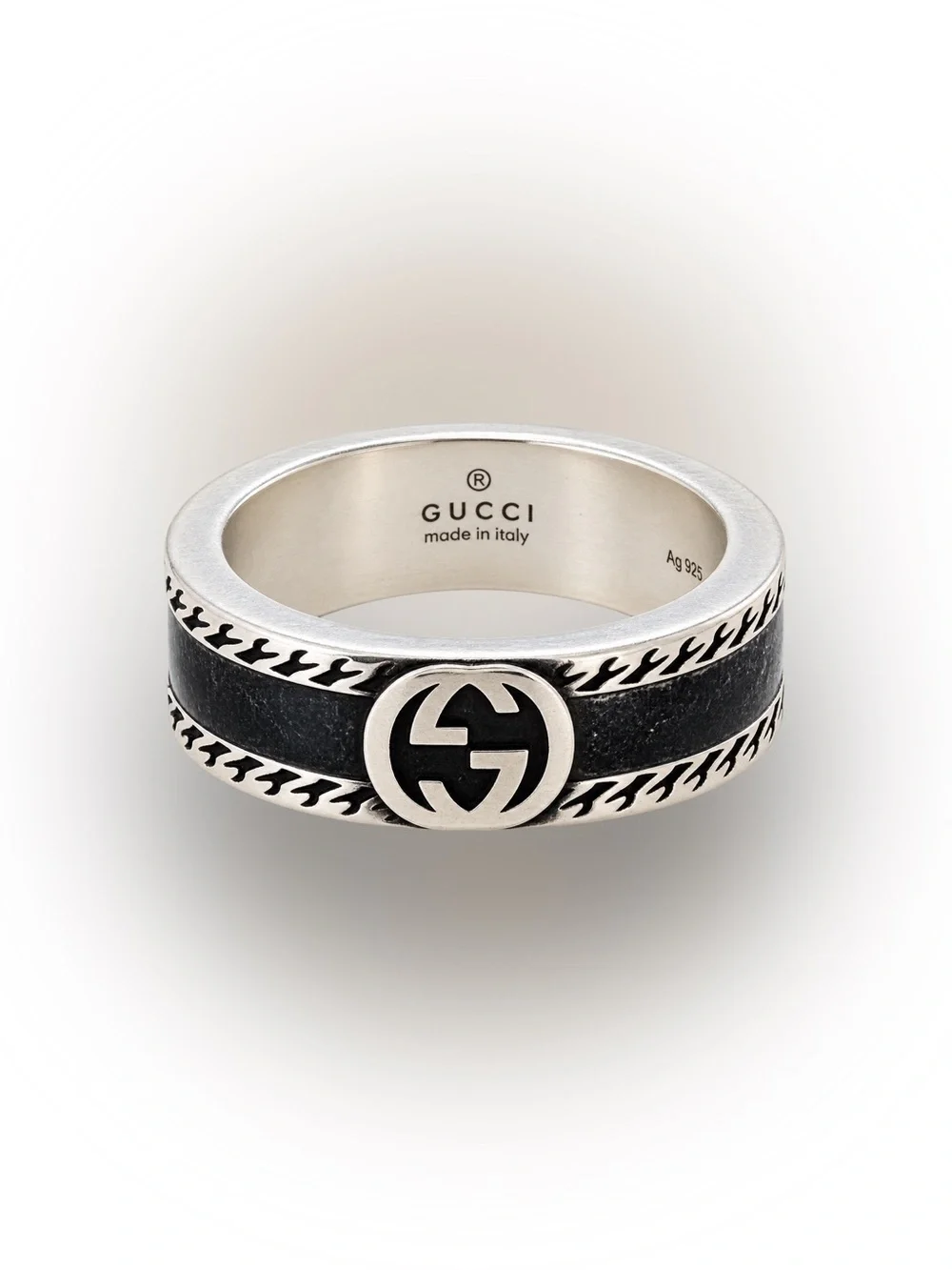 Gucci Interlocking G Black Enamel 925 Sterling Silver Ring 6mm IT 18 / US 8.25